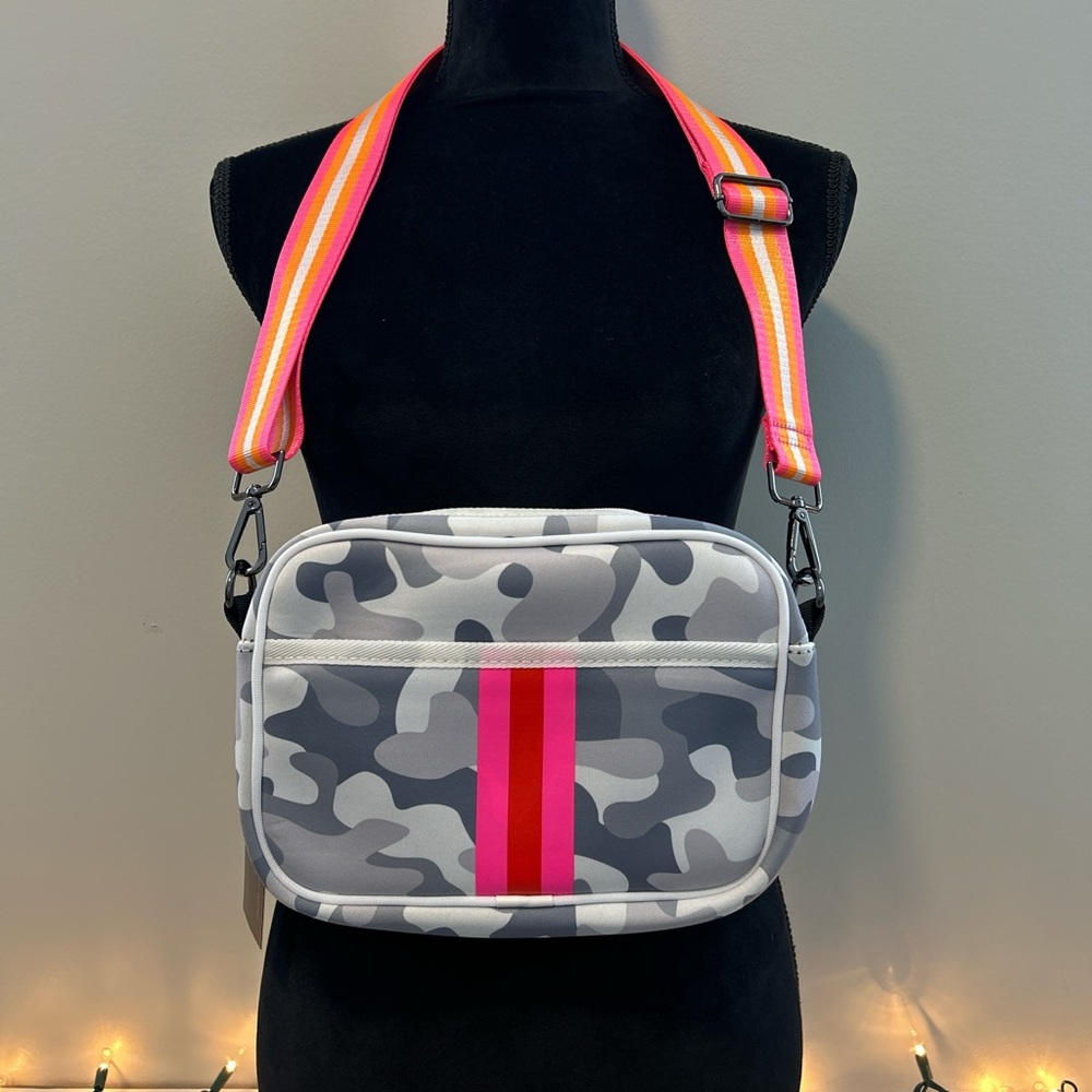 New Haute Shore Camouflage Crossbody Bag with Pink Strap